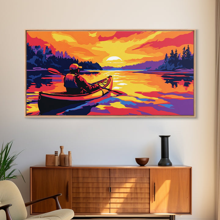 Kayaker at Sunset, fisherman painting, nautical painting, coastal landscape art, rustic decor, panoramic painting, canvas print