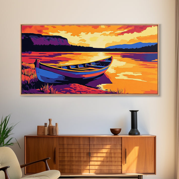 Boat on the Shore, nautical painting, seascape painting, rustic decor, above couch art, panoramic painting, extra wide art, canvas print