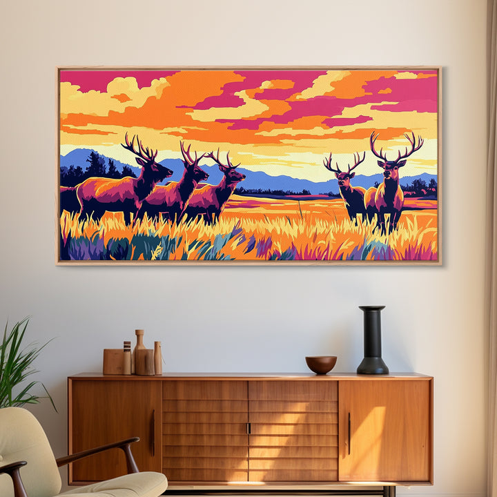 Autumn Elk, wildlife painting, deer drinking water in forest painting, rustic decor, farmhouse art, landscape painting, framed canvas print