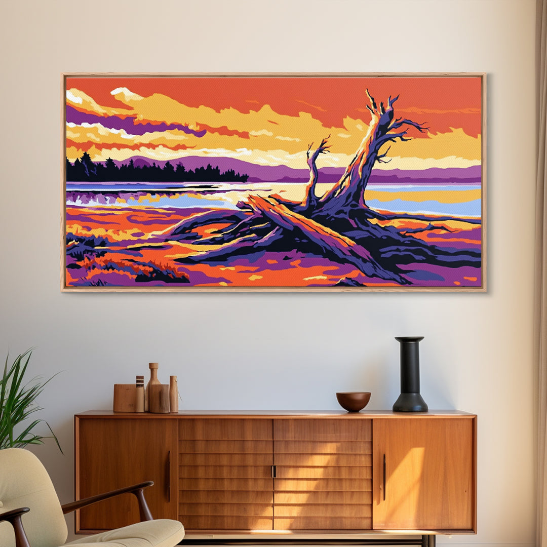 Driftwood Beach Scene, coastal landscape art, nautical painting, rustic wall art, ocean sunset art, panoramic art, framed canvas print