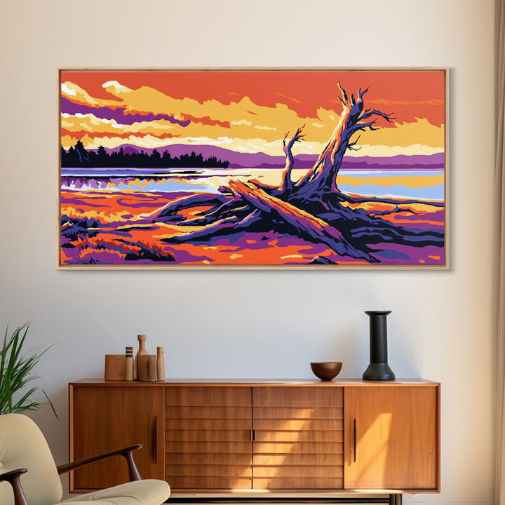 Driftwood Beach Scene, coastal landscape art, nautical painting, rustic wall art, ocean sunset art, panoramic art, framed canvas print
