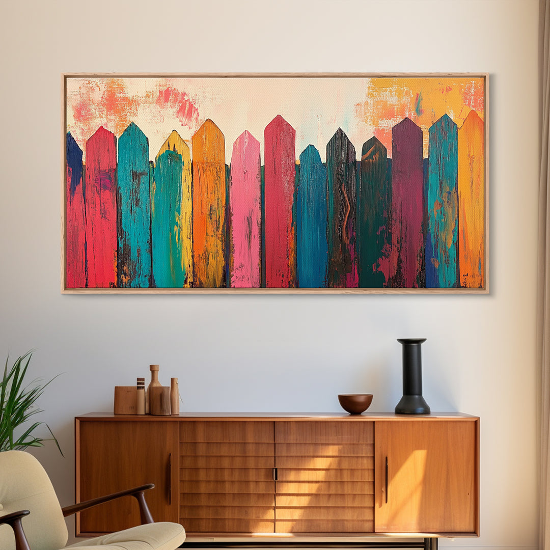 Rustic Fence Art, farmhouse art, rustic wall art, wabi sabi art, colorful wood painting, extra wide art, canvas print, southwestern decor