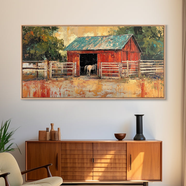Rustic Barn Scene, barn landscape oil painting, western wall art, farmhouse decor, rural life painting, extra wide art, framed canvas print, wabi sabi art