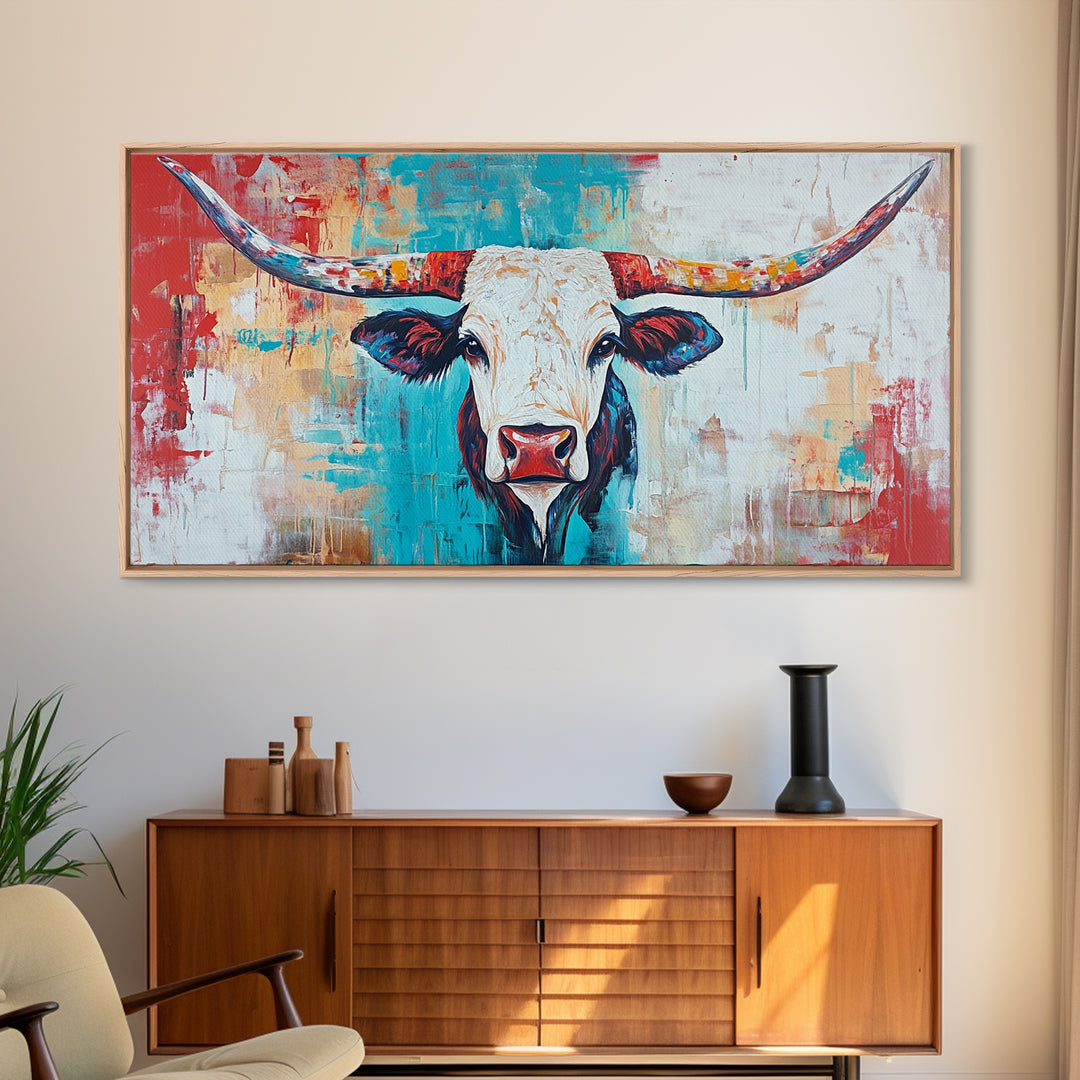 Colorful Longhorn Art, rustic wall art, farmhouse art, southwest wall art, bold animal painting, extra wide art, canvas print, wabi sabi art