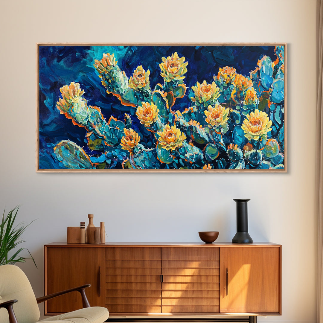 Cactus Bloom, Desert Flowers, Southwest Wall Art, Botanical Prints, Boho Art, Extra Wide Art, Bright Home Decor, Framed Canvas Print