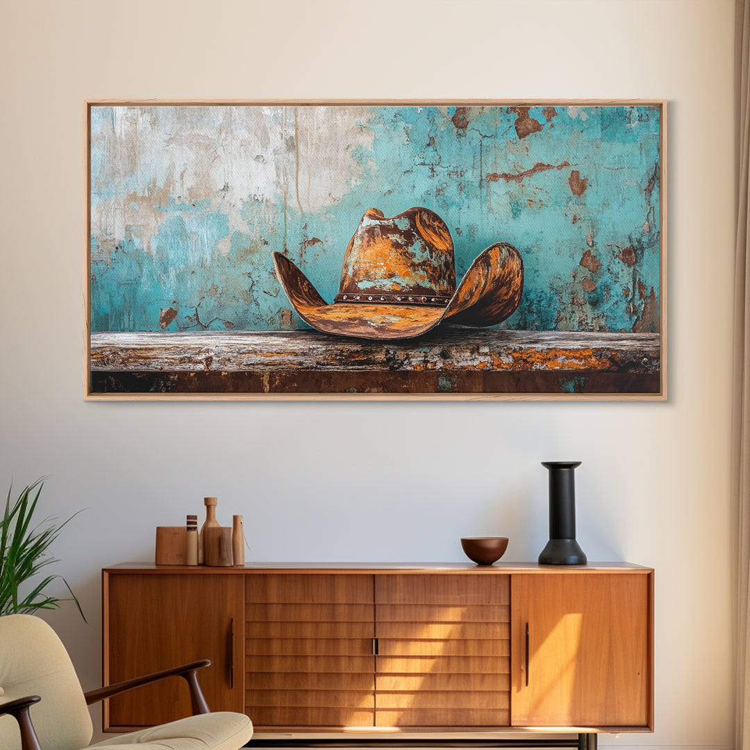 Cowboy Hat Art, Framed Canvas Print, Rustic Decor, Southwest Wall Art, Extra Wide Art, Farmhouse Art, Moody Art, Western Wall Art