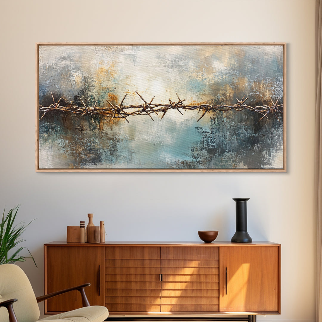 Barbed Wire Art, Canvas Print, Rustic Wall Art, Southwest Wall Art, Moody Art, Extra Wide Art, Above Couch Art, Farmhouse Wall Art