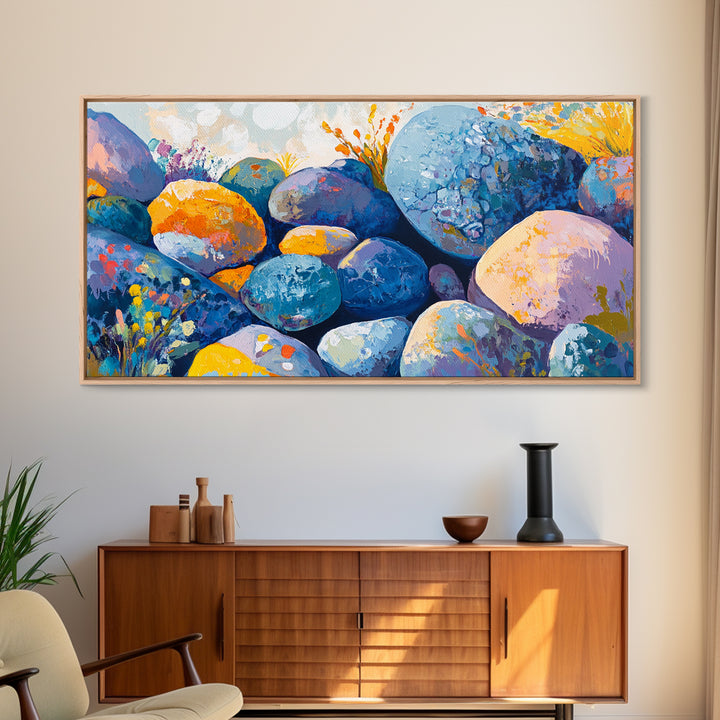 River Rocks, Whimsical Art, Mosaic Wall Art, Boho Art, Teal Wall Art, Nature Inspired Art, Abstract Landscape, Canvas Print, Gift Idea Her