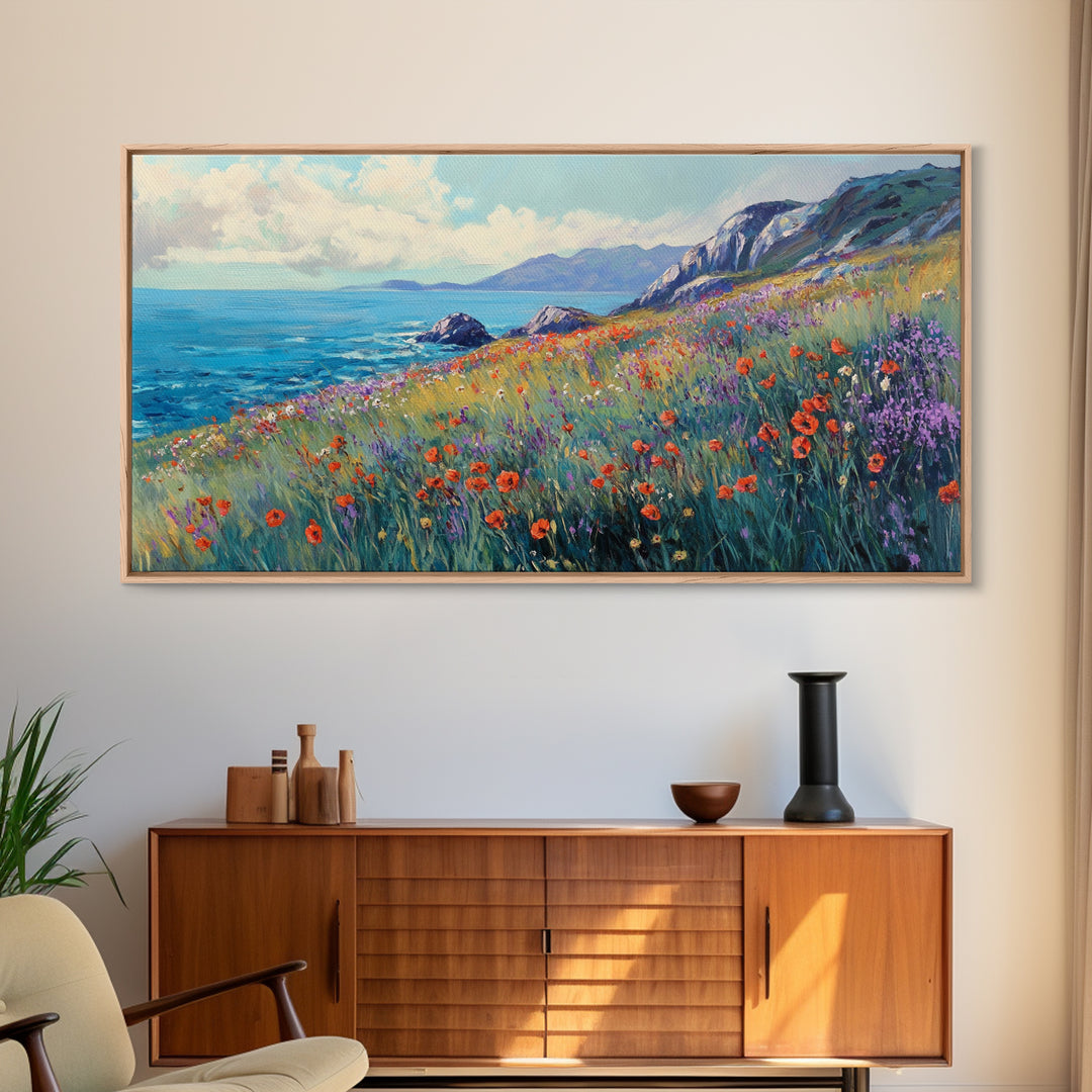 Coastal Wildflower Art, Framed Canvas Print, Poppy Wall Art, Coastal Landscape Art, Seascape Painting, Extra Wide Art, Above Couch Art