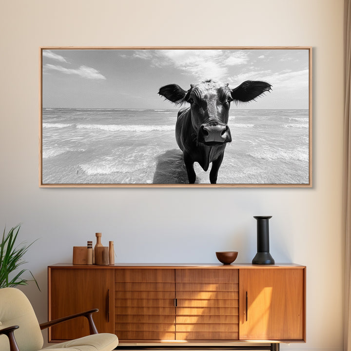 Curious Beach Cow, coastal wall art, cow painting, whimsical art, black and white photography, farmhouse decor, seascape painting, Canvas Print