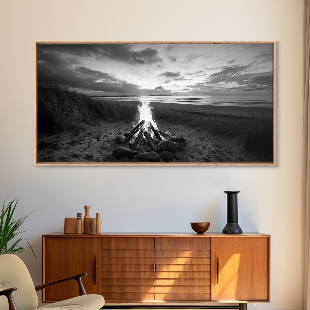 Bonfire on Beach, coastal decor, nautical painting, rustic art, beach sunset print, seascape painting, landscape painting, Framed Canvas Print