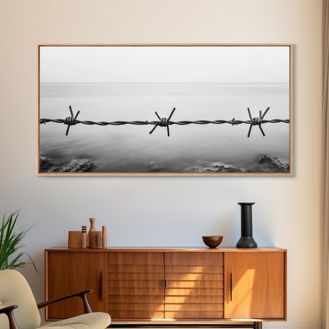 Barbed Wire, rustic decor, farmhouse art, minimalist black and white, modern wabi sabi wall art, textured art, panoramic art, Canvas Print
