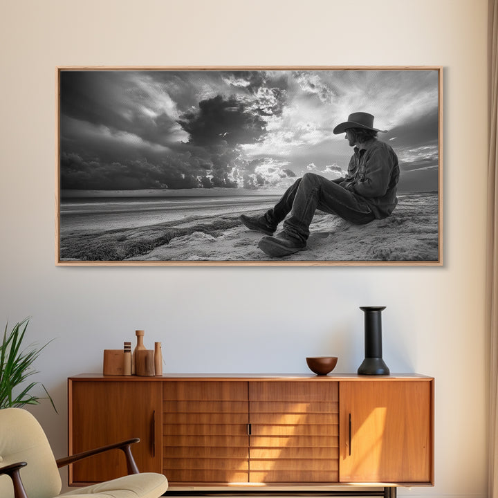 Cowboy on Beach, Moody Art, Western Wall Art, Dramatic Sky Print, Rustic Decor, Coastal Cowgirl Aesthetic, Framed Canvas Print, Scenic View