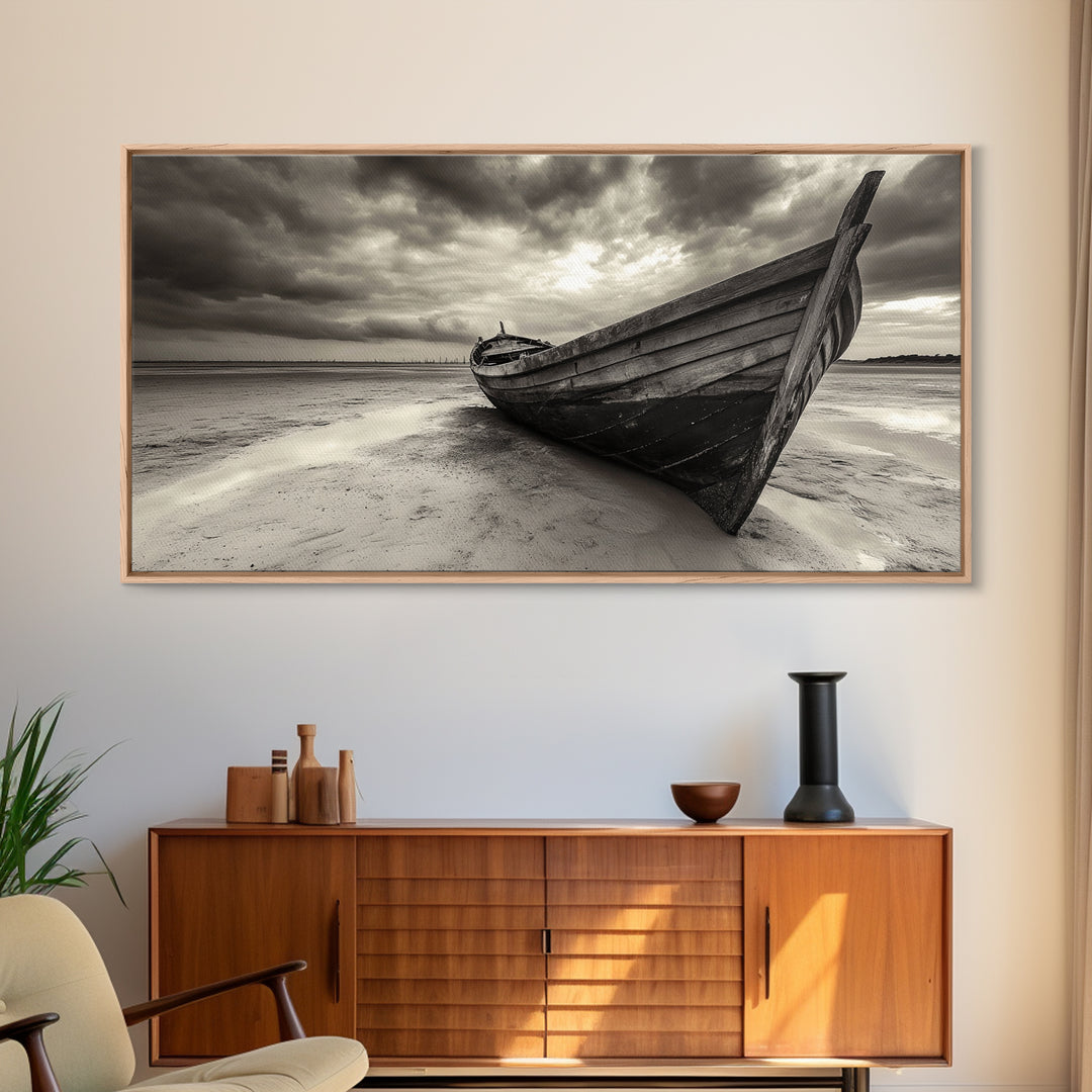 Abandoned Boat, Nautical Wall Art, Coastal Decor, Seascape Painting, Rustic Wall Art, Dramatic Sky, Framed Canvas Print, Panoramic Art