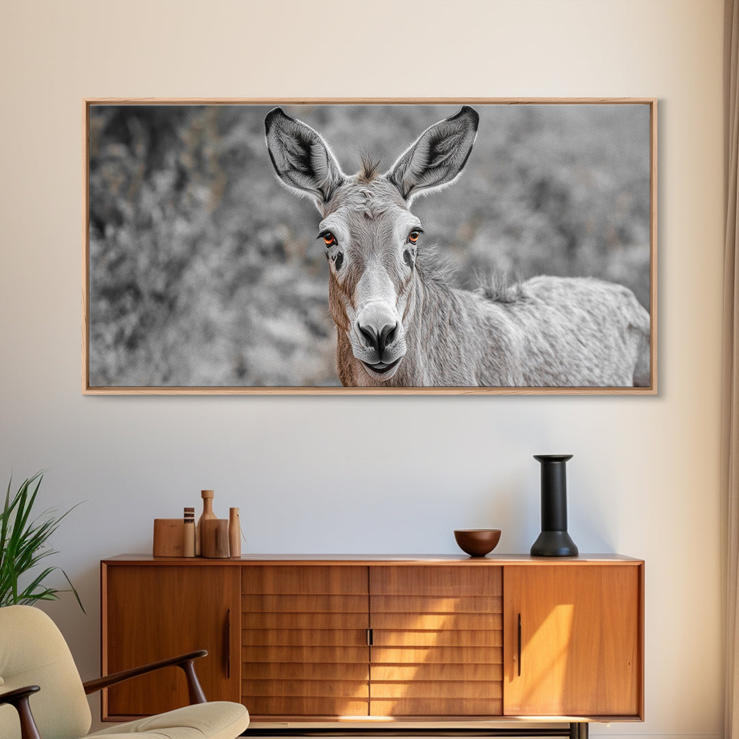 Donkey Close-Up Framed Canvas Print | Rustic Farmhouse Art | Moody Animal Portrait | Southwest Wall Art | Extra Wide Art | Above Couch Decor