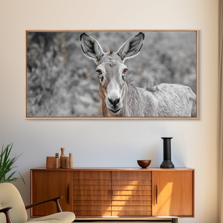 Donkey Close-Up Framed Canvas Print | Rustic Farmhouse Art | Moody Animal Portrait | Southwest Wall Art | Extra Wide Art | Above Couch Decor