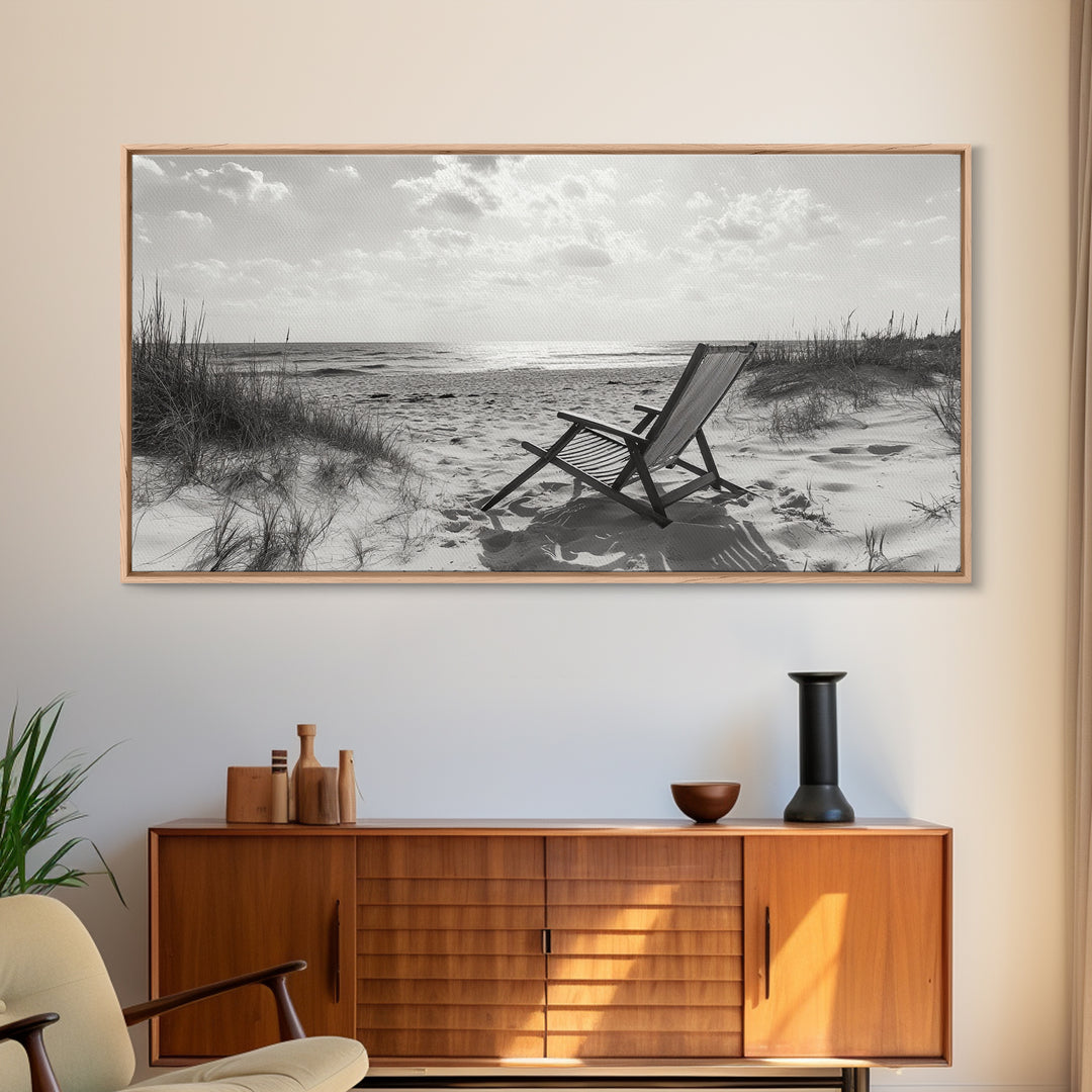 Beach Chair, Coastal Landscape Art, Minimalist Art, Wabi Sabi Art, Ocean View Print, Relaxing Decor, Framed Canvas Print, Nautical Wall Art