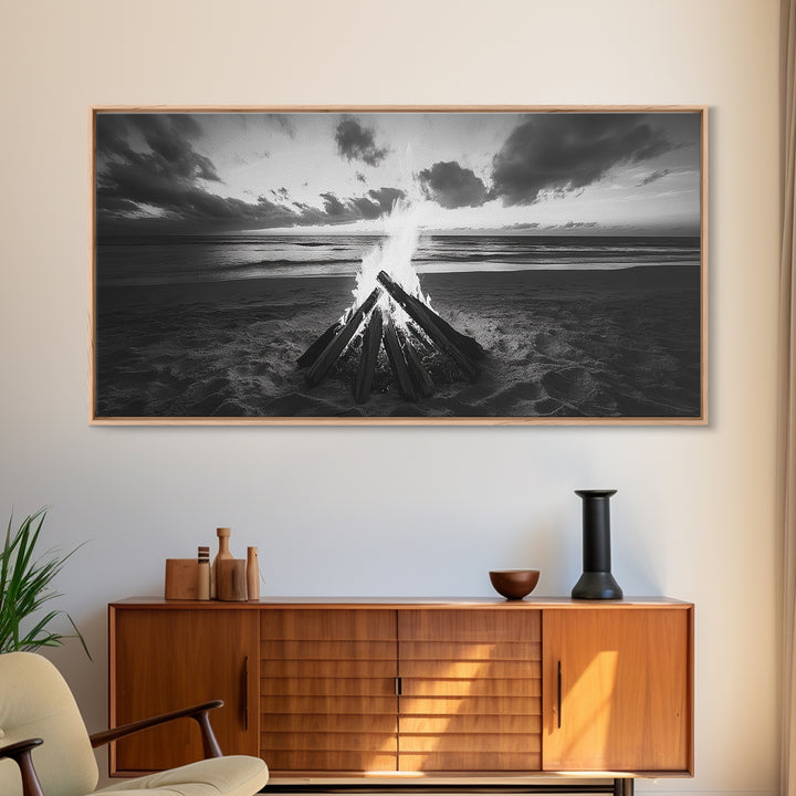 Bonfire On Beach, Coastal Wall Art, Moody Art, Extra Wide Art, Sunset Wall Art, Panoramic Art, Rustic Wall Art, Framed Canvas Print