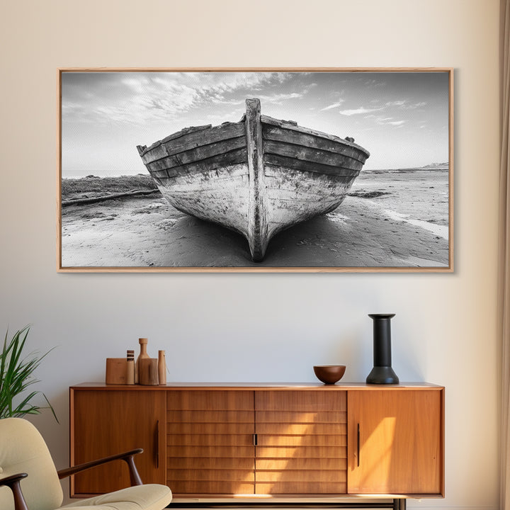 Beached Boat, Nautical Wall Art, Rustic Decor, Coastal Landscape Art, Extra Wide Art, Panoramic Painting, Canvas Print