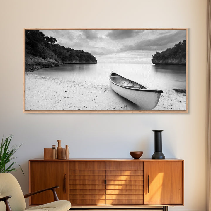 Rowboat, Seascape Painting, Nautical Wall Art, Extra Wide Art, Rustic Wall Art, Coastal Painting, Minimalist Art, Framed Canvas Print