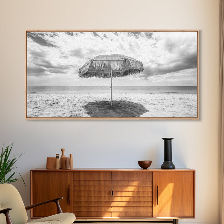 Beach Umbrella, Coastal Wall Art, Minimalist Art, Panoramic Art, Nautical Decor, Extra Wide Art, Coastal Landscape Art, Canvas Print