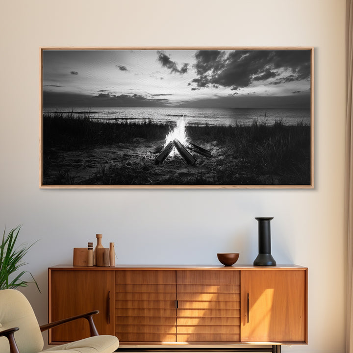 Beach Bonfire, coastal decor, nautical wall art, seascape painting, moody art, rustic wall art, dark romance painting, Canvas Print