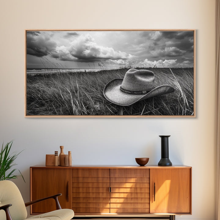 Cowboy Hat, rustic decor, wabi sabi art, western painting, southwest wall art, boho art, moody photography, Framed Canvas Print