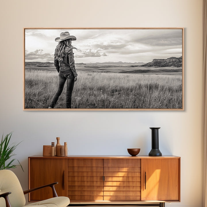 Black and White Cowgirl, western art, rustic decor, cowboy painting, southwest wall art, country art, black and white photography