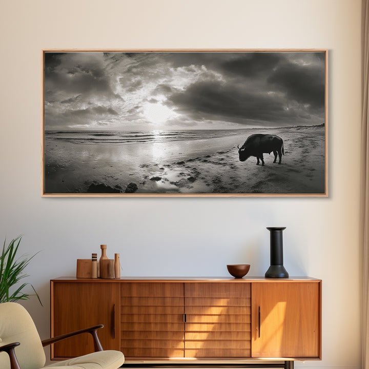 Buffalo, seascape painting, coastal landscape art, rustic decor, farmhouse art, panoramic painting, extra wide art, framed canvas print