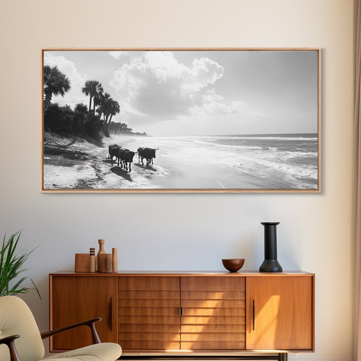 Cattle on beach, coastal cowgirl wall art, rustic decor, farmhouse art, landscape painting, panoramic painting, extra wide art, framed canvas print