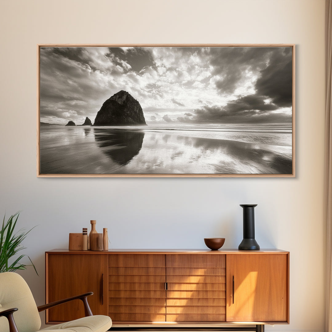 Coastal, seascape, moody art, ocean view, nautical wall art, panoramic painting, extra wide art, above bed wall art, framed canvas print