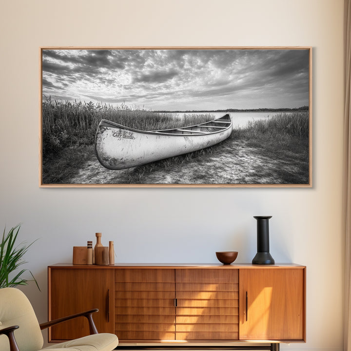 Canoe, lake, coastal cowgirl wall art, rustic decor, farmhouse art, panoramic art, horizontal wall art, extra wide art, framed canvas print