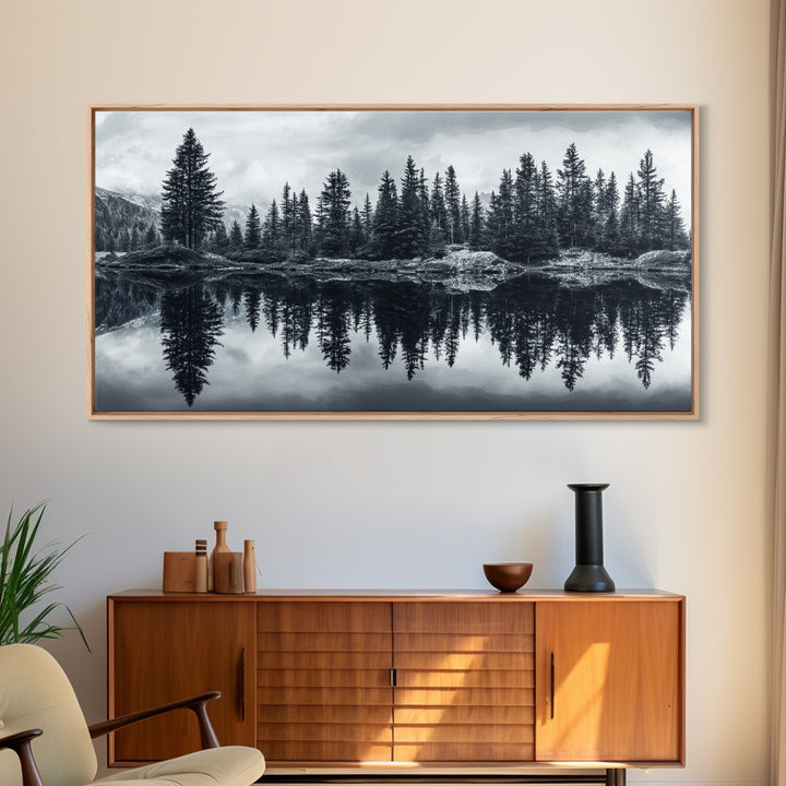 Pine tree reflection, moody art, mountain painting, pine tree art, rustic decor, panoramic art, extra wide art, framed canvas print