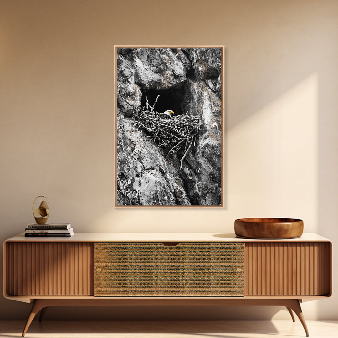 Bald eagle, wildlife art, bird wall art, framed canvas print, nature decor, mountain painting, eagle nest, rustic wall art, cabin decor