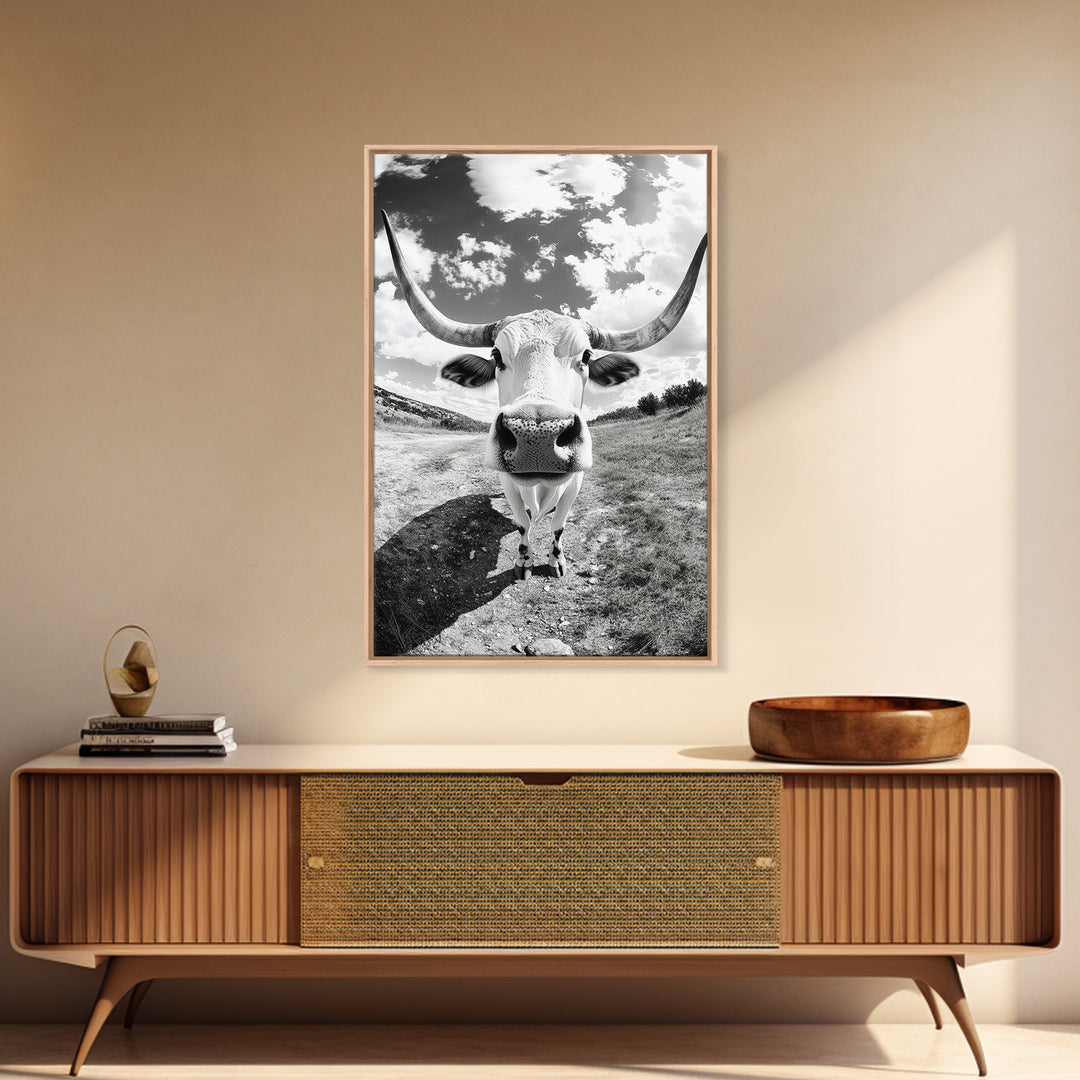 Texas Longhorn Close-up, bull and bear art, western decor, farmhouse art, rustic wall art, cowboy painting, framed canvas print