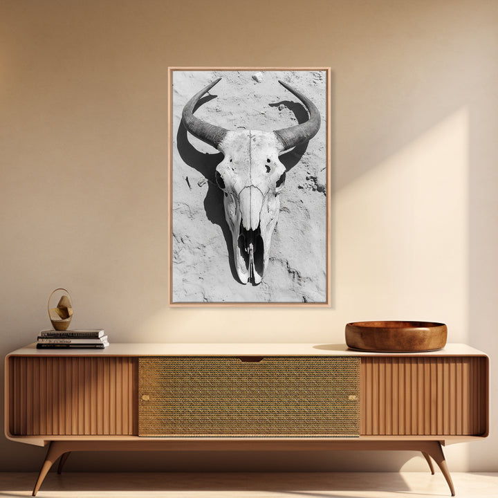 Bull skull, desert aesthetic, cowboy art, rustic decor, black and white photography, boho art, framed canvas print, western wall art