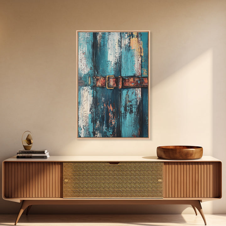Rustic blue door, worn leather belt, southwest wall art, farmhouse art, textured painting, wabi sabi art, framed canvas print, rustic decor