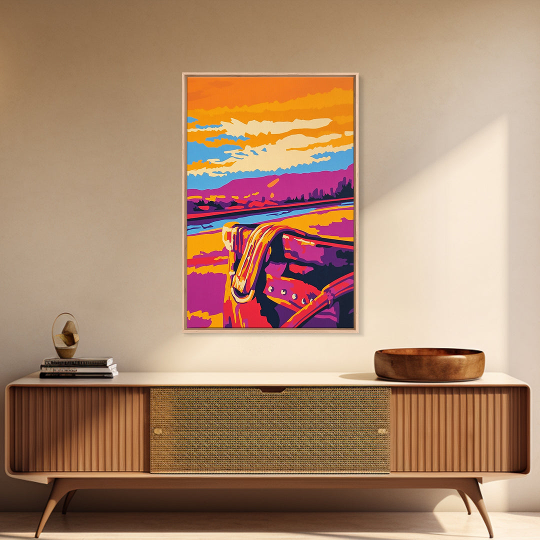 Desert Saddle, southwest wall art, rustic wall art, colorful western art, Joshua tree art, extra wide art, framed canvas print