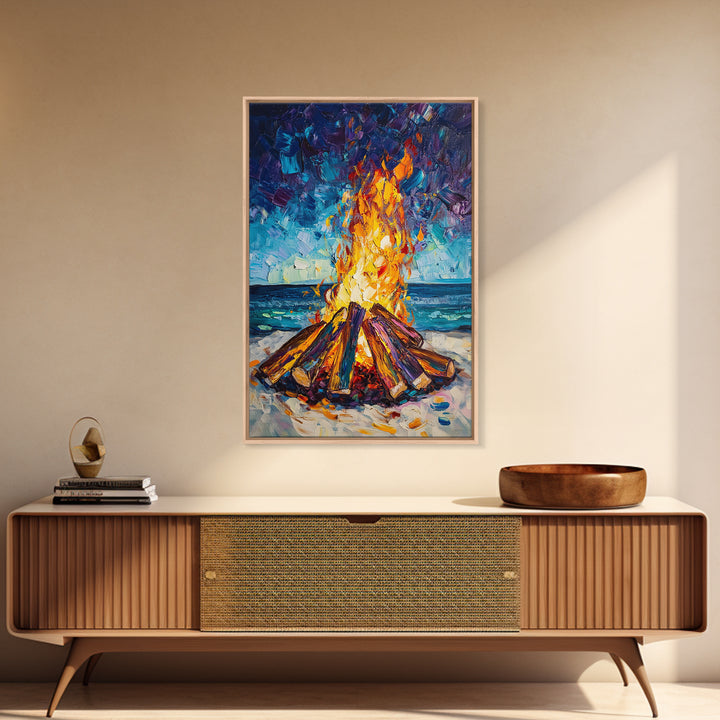 Beach Bonfire, coastal painting, moody art, seascape painting, coastal decor, nautical painting, original painting, framed canvas print