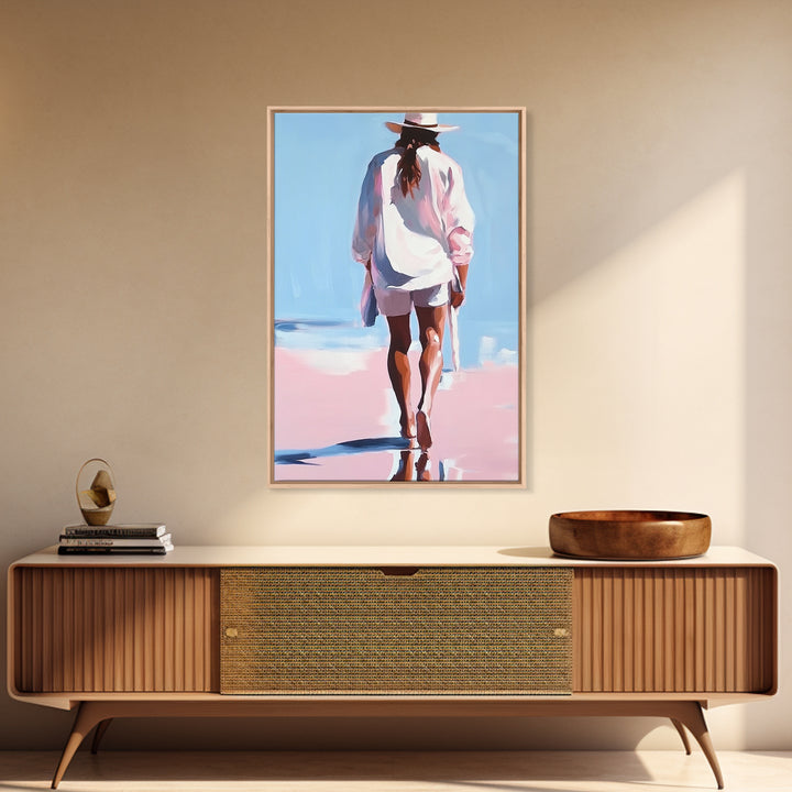 Beach Walk, coastal cowgirl wall art, boho art, pink orange wall art, light pink wall art, coastal decor, framed canvas print