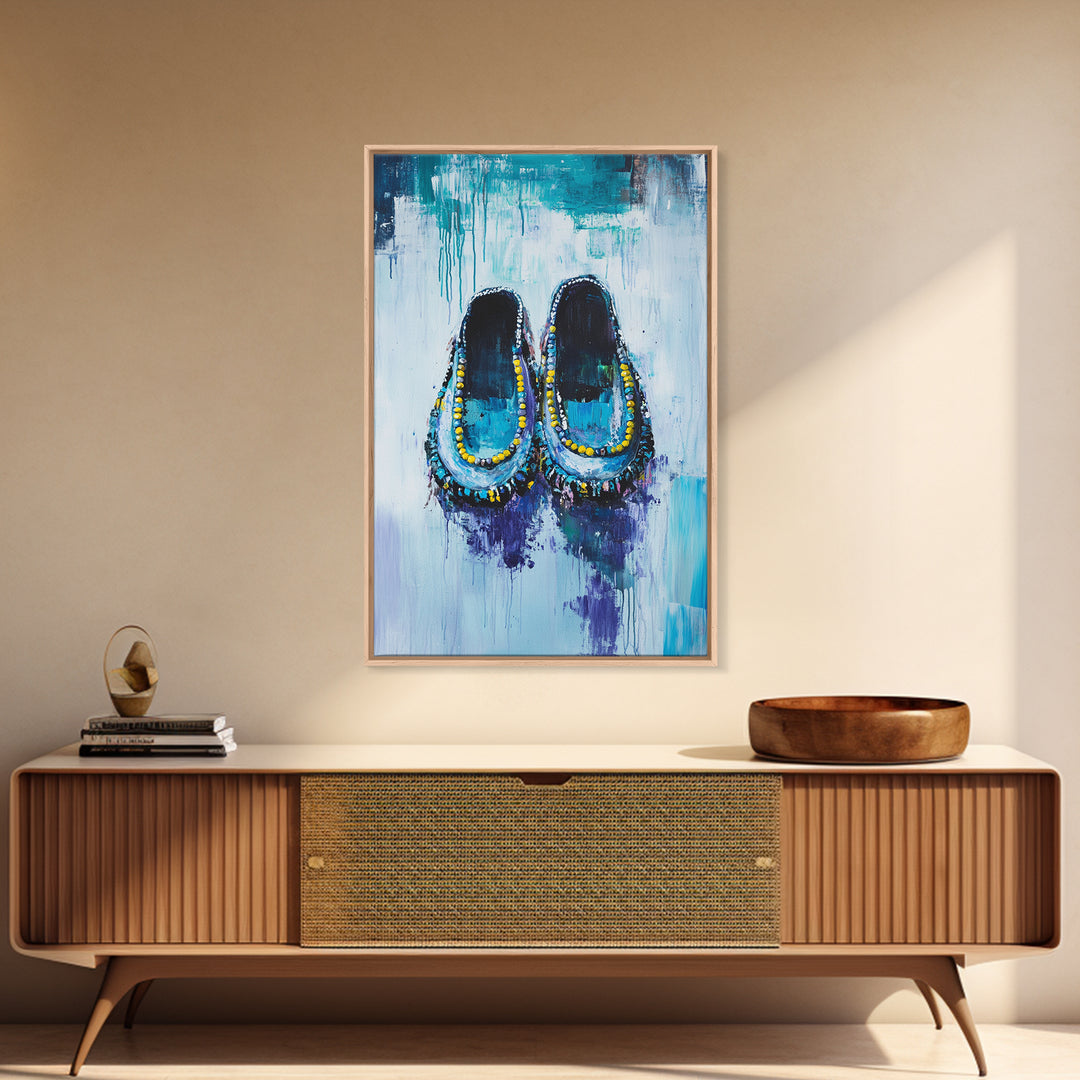 Blue Moccasins, boho art, whimsical art, teal wall art, folk art, rustic art, gift idea for her, original painting, canvas print