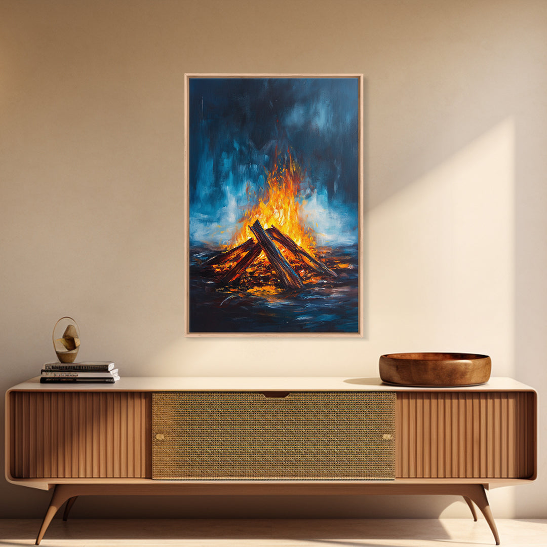 Bonfire Night, Moody Art, Rustic Decor, Canvas Print, Fire Art, Dark Romance Painting, Fall Wall Art, Cozy Living Room Art, Gift Idea
