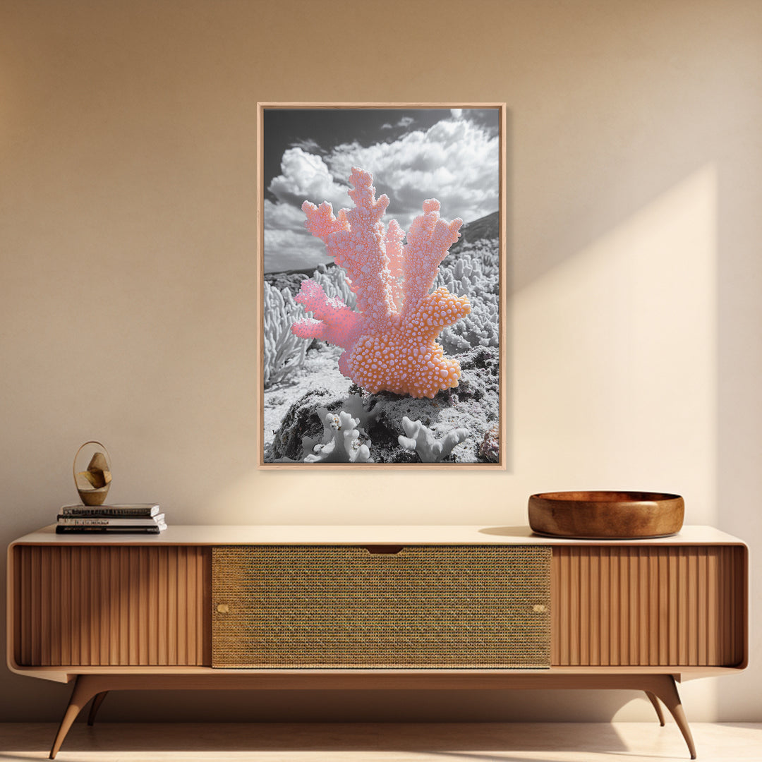 Ocean coral, coastal decor, nautical painting, framed canvas print, marine life art, whimsical ocean scene, tropical beach house wall art