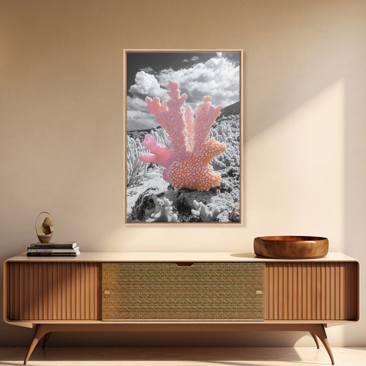 Ocean coral, coastal decor, nautical painting, framed canvas print, marine life art, whimsical ocean scene, tropical beach house wall art
