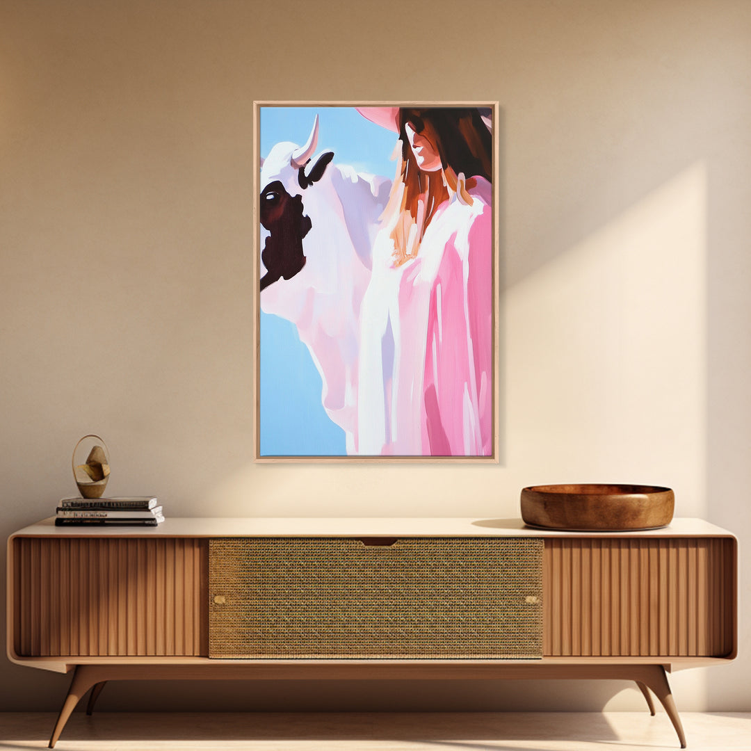 Cowgirl and Cow, black cowgirl painting, coastal cowgirl wall art, western decor, gift idea for her, boho art, light pink wall art, Canvas Print