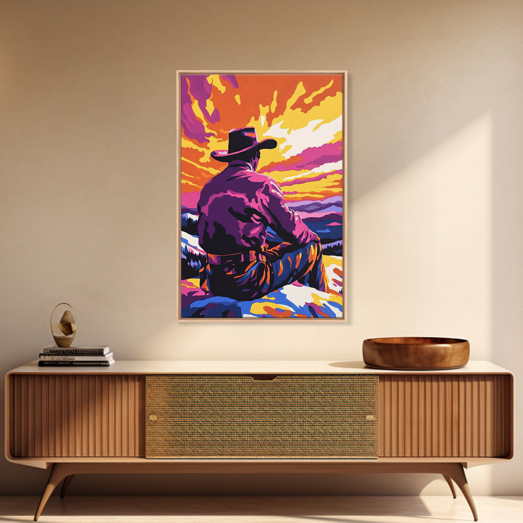 Cowboy at Sunset, western decor, southwest wall art, pink orange wall art, gift idea for him, moody art, panoramic art, Canvas Print