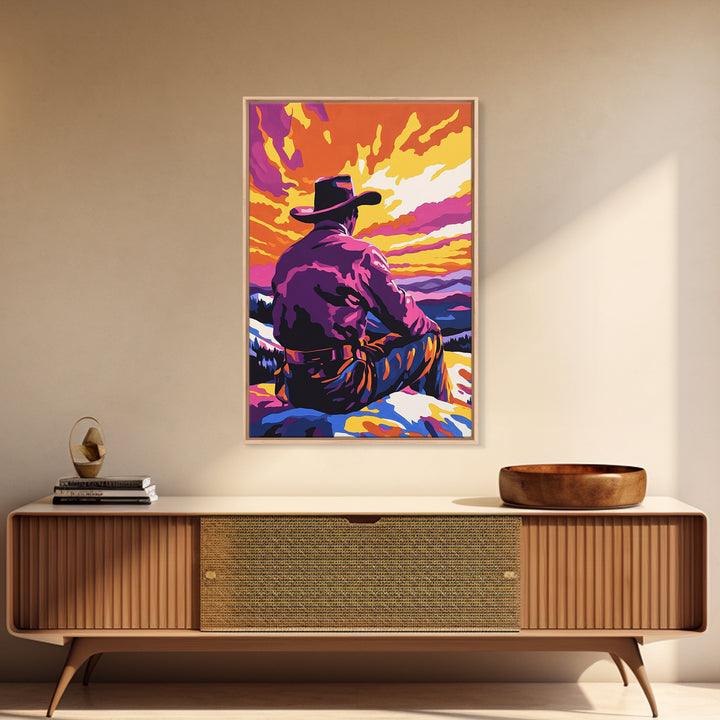 Cowboy at Sunset, western decor, southwest wall art, pink orange wall art, gift idea for him, moody art, panoramic art, Canvas Print