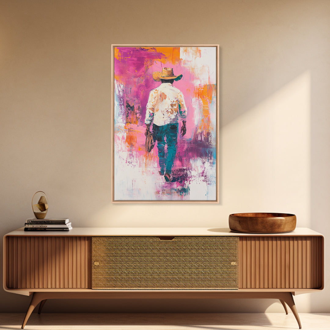 Cowboy Walking, chicano art, western aesthetic, rustic wall art, farmhouse art, moody art, bold colors, Framed Canvas Print