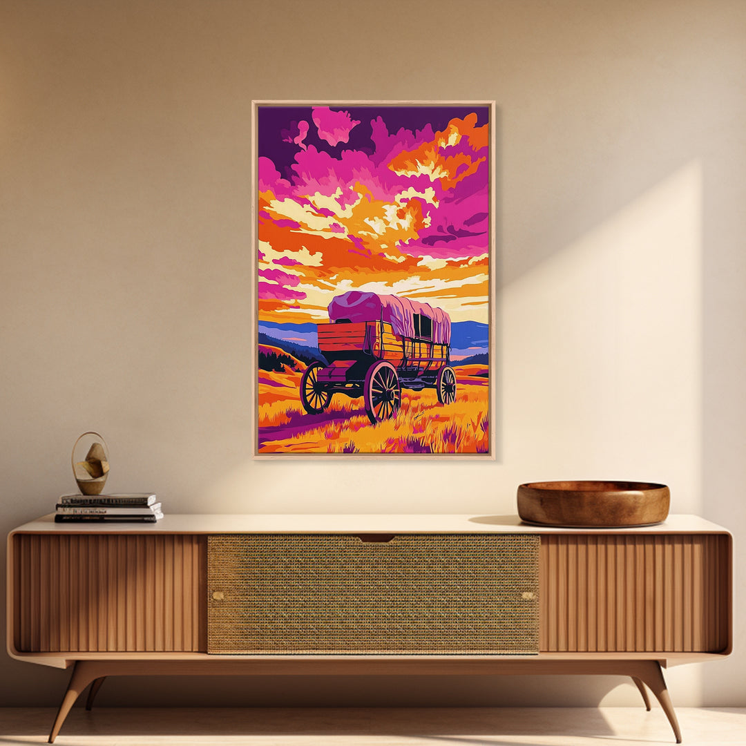 Covered Wagon, Sunset Painting, Western Landscape, Rustic Art, Canvas Print, Southwest Wall Art, Farmhouse Art, Living Room Art