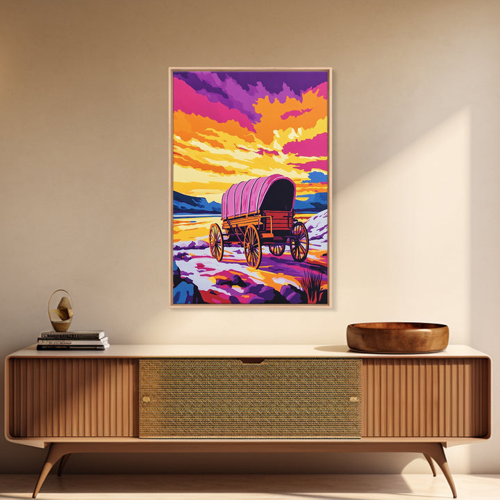Colorful Wagon, pink orange wall art, landscape painting, southwest wall art, farmhouse art, boho art, framed canvas print, above bed art
